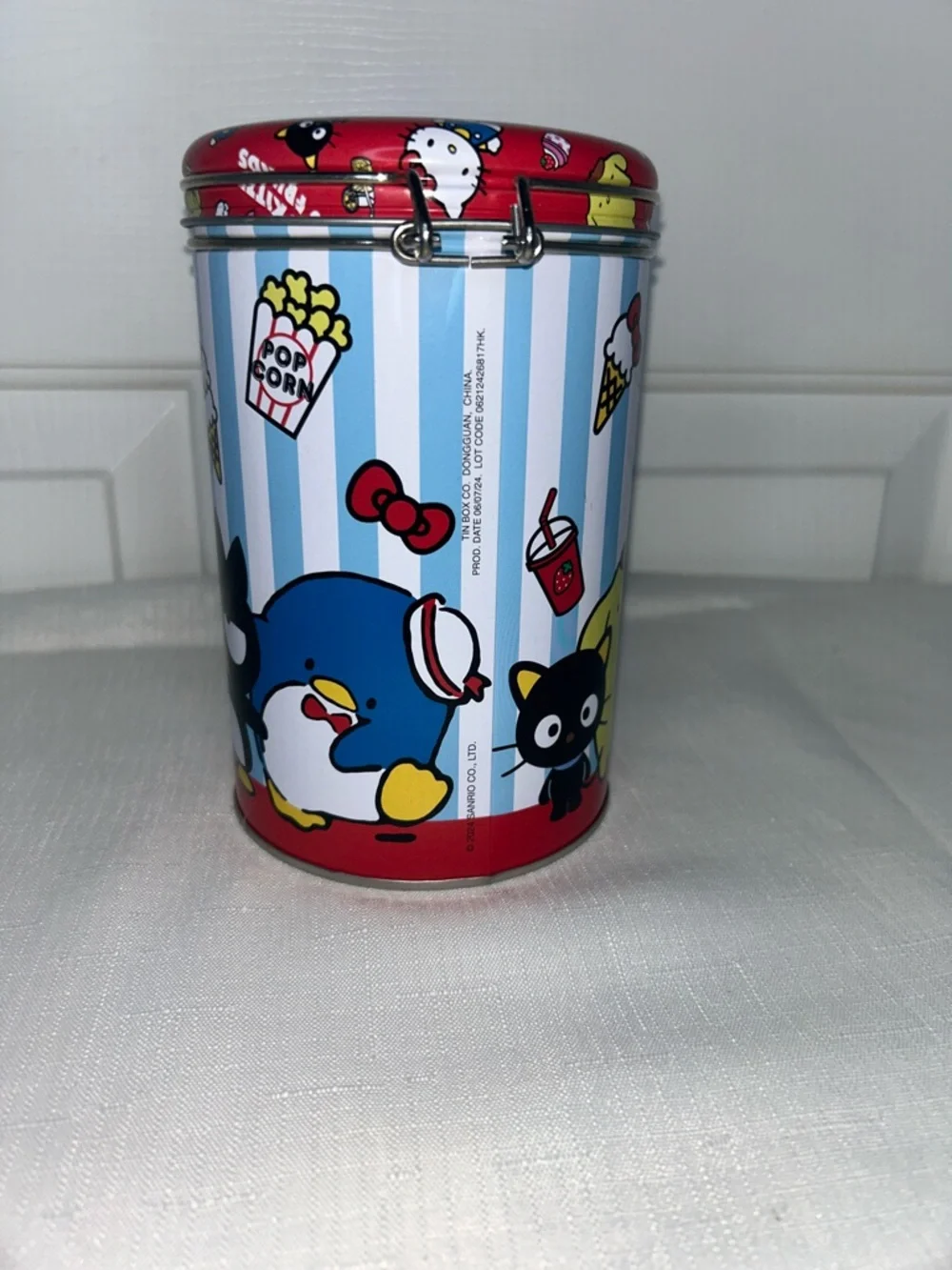 Hello Kitty & Friends Red Blue & White Striped Character Round Storage Tin